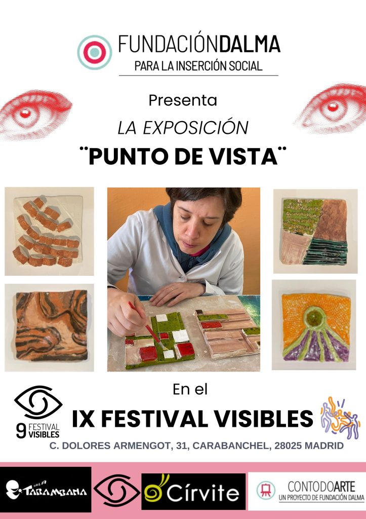 Cartel de la exposición Punto de vista, con una mujer creando una de las piezas de arcilla y lacado que componen la exposición. También hay cuatro fotos de otras cuatro obras que se exponen.