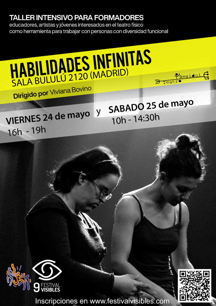 Cartel del taller en el que salen dos personas vestidas de negro mirando al suelo