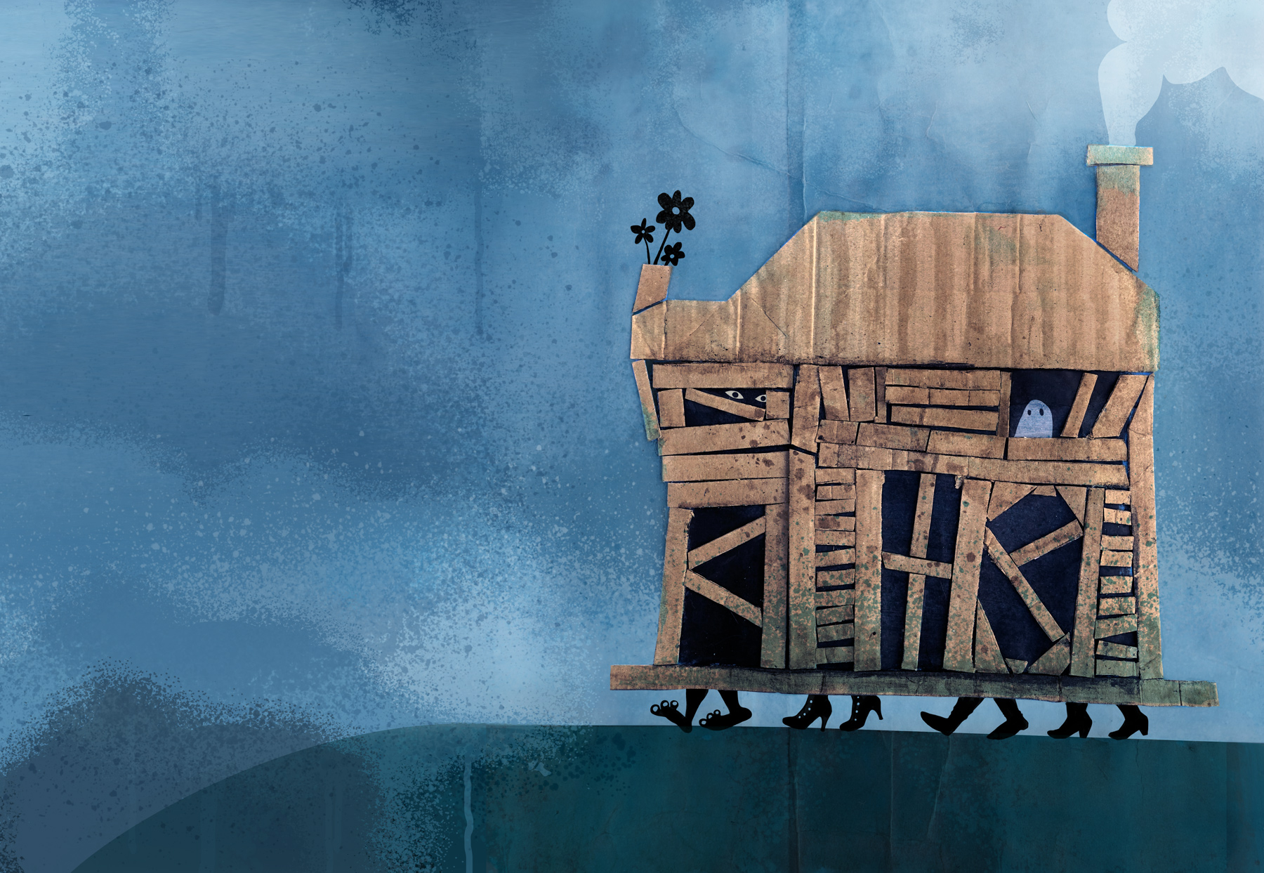 Un dibujo de una casa de madera medio rota con los pies de cuatro personas que se asoman por debajo y hacen que la casa se desplace y van hacia el precipicio