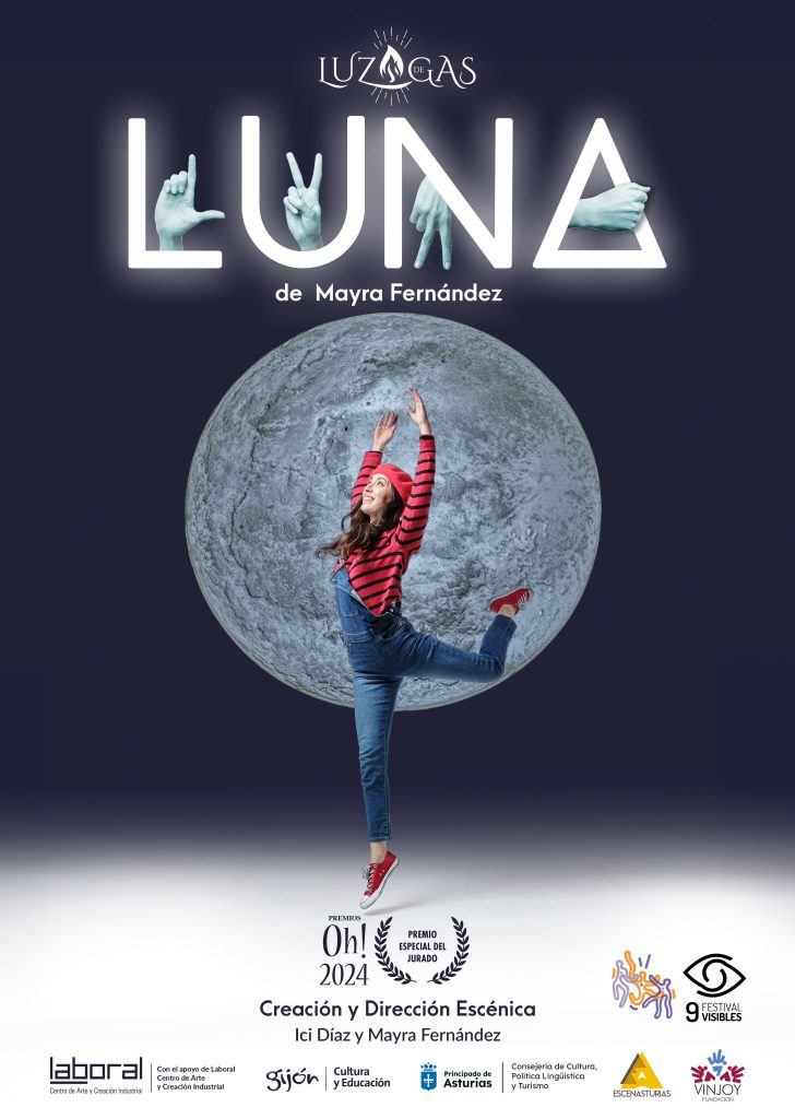 Cartel de la obra con el nombre de Luna en lengua de signos y con una luna llena de fondo con una niña danzando delante