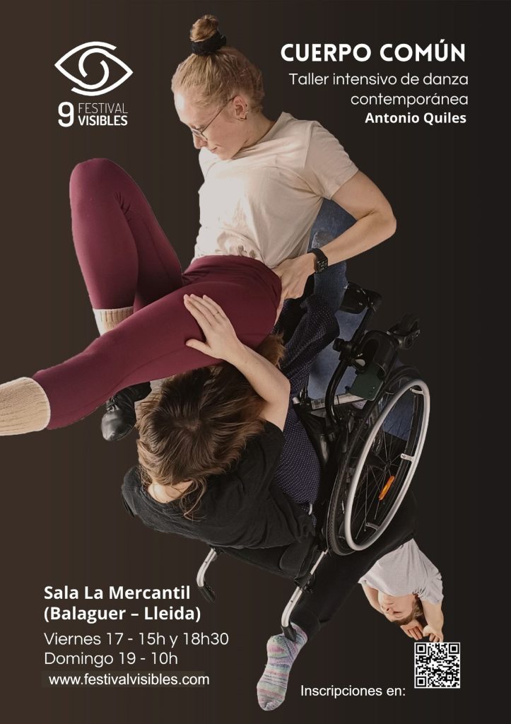Cartel del taller de danza con una persona en silla de ruedas y otra subida encima de la persona en sillas haciendo una figura de danza