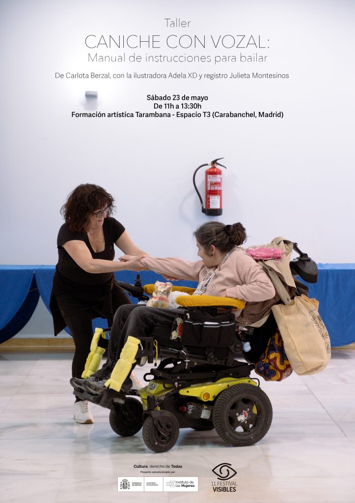 Cartel del taller. Dos mujeres en movimiento, una va de negro y agarra el brazo a otra que va en silla de ruedas