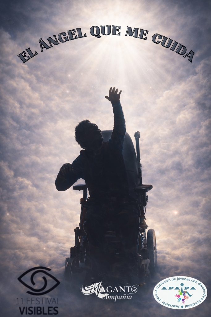 Cartel del espectáculo. Una persona en silla de ruedas levanta la mano y de fondo nubes blancas.