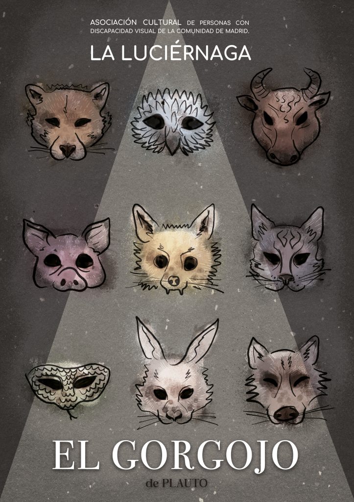 Cartel del espectáculo. Sobre un fondo gris unas ilustraciones de nueve máscaras de animales.