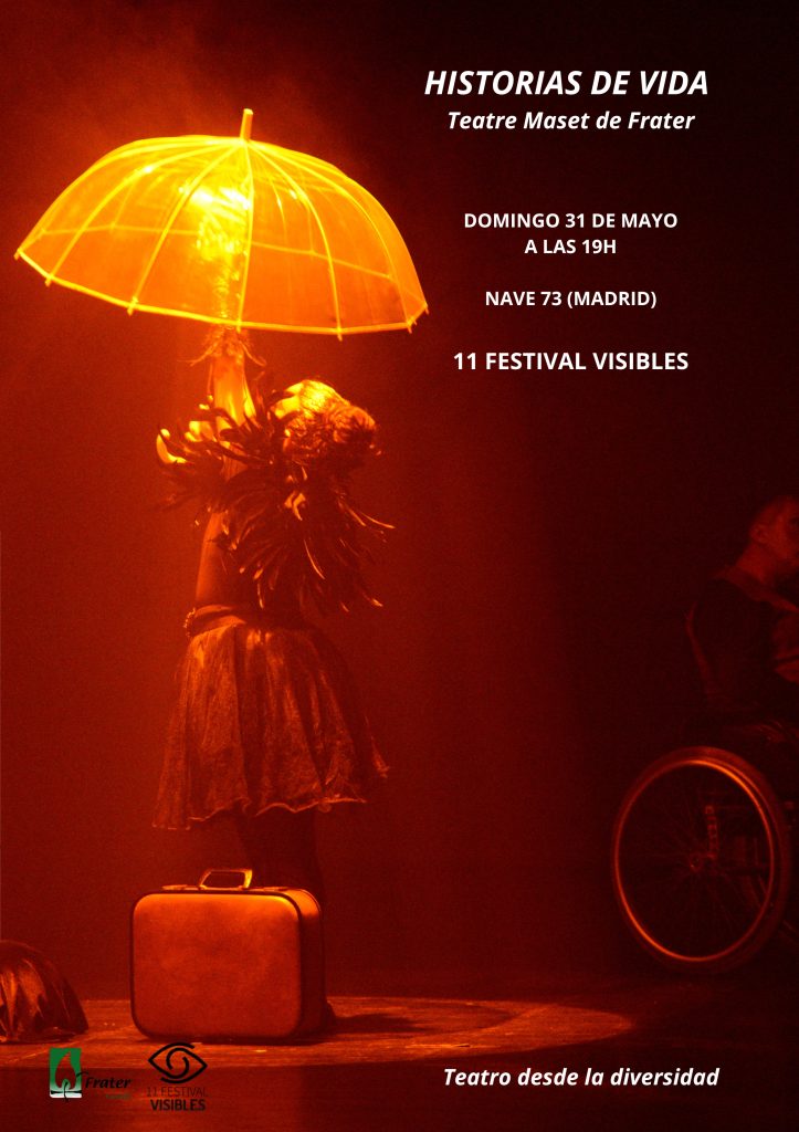 Cartel del espectáculo. Una persona con un paraguas abierto y con una maleta a su lado, con una luz roja que tiñe todo y justo encima del paraguas una luz amarilla