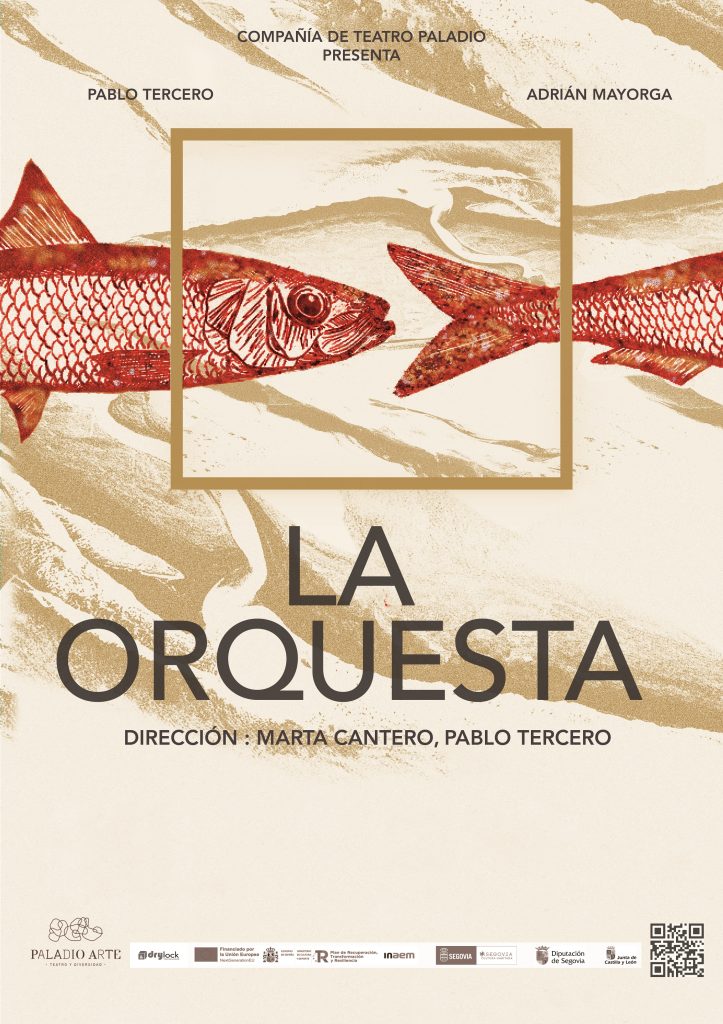 Cartel del espectáculo. Sobre un fondo color crema dos peces de color rojo pasan