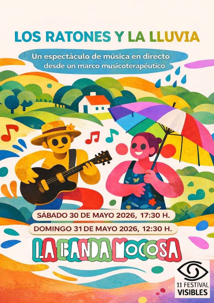 Cartel del espectáculo. Ilustración de un hombre con una guitarra y un sombrero y una mujer cantando con un paraguas con colores. De fondo un pueblo y montañas de colores.