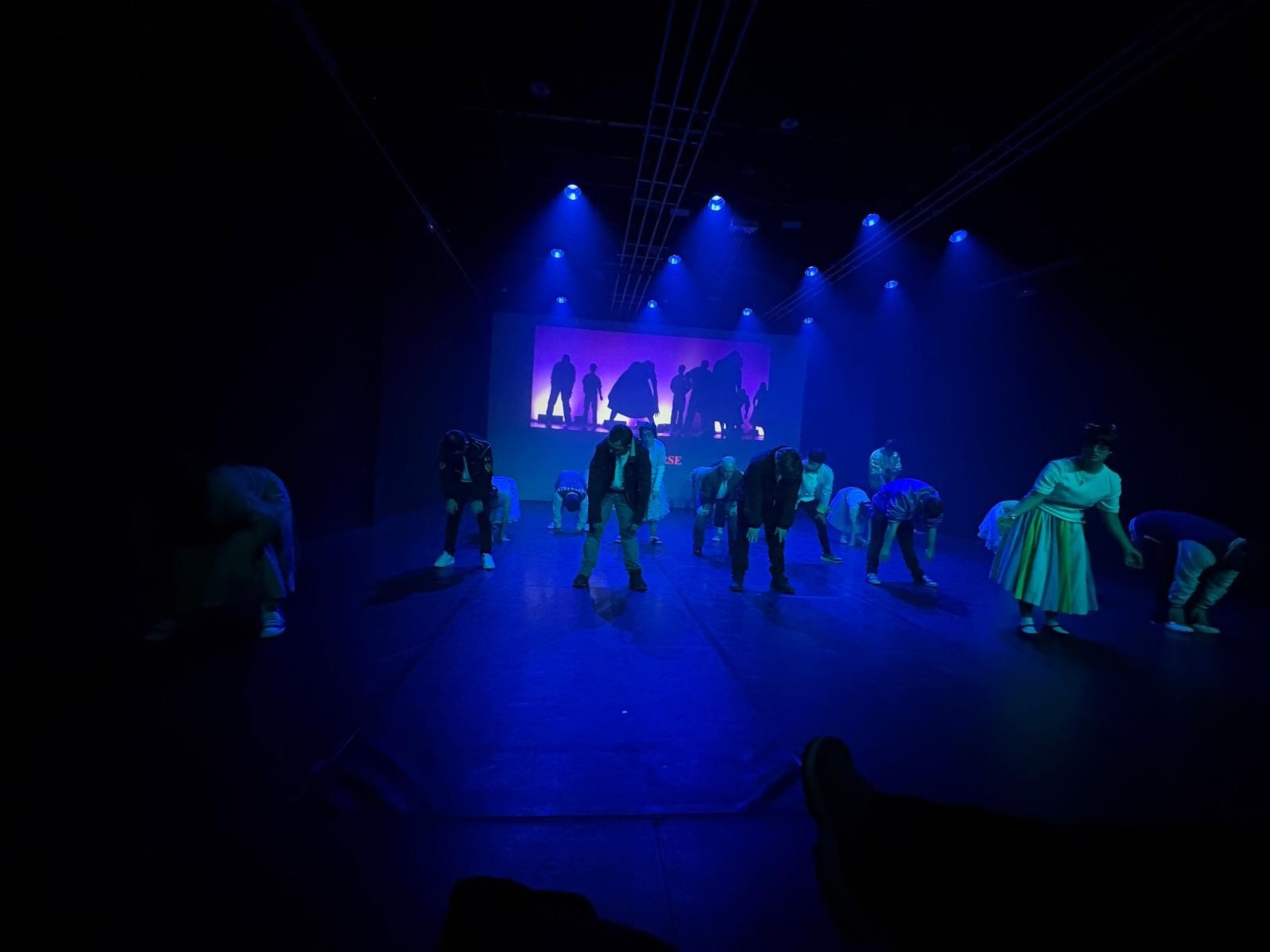 Foto de escena. Un grupo de chicos y chicas en el escenario con vestuario de los años 60