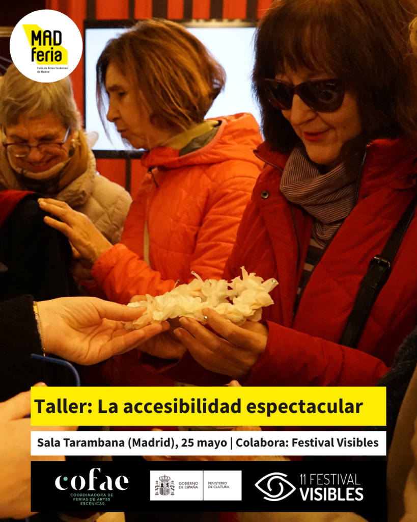 Cartel del taller. Unas personas ciegas tocan unos elementos de un espectáculo